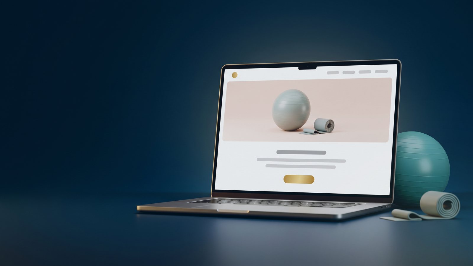 Laptop with a clinic-style page, exercise ball and band