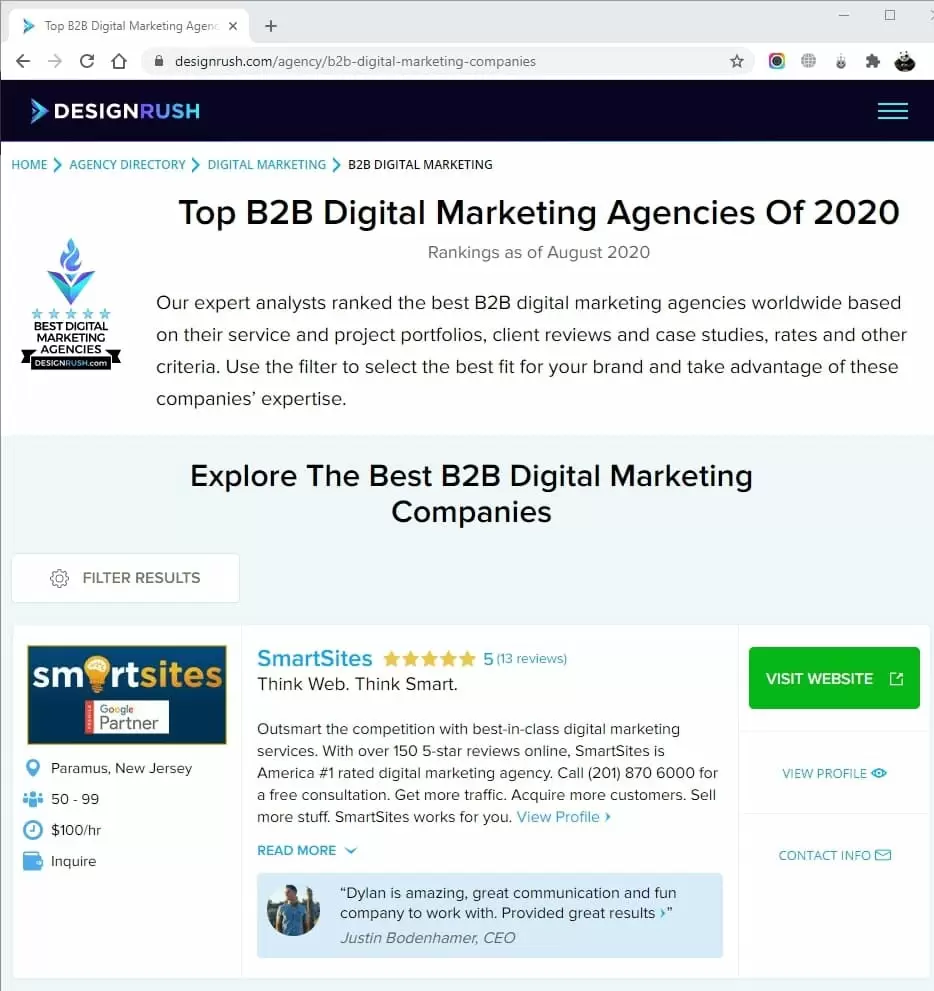 SmartSites Listed in Top B2B Digital Marketing