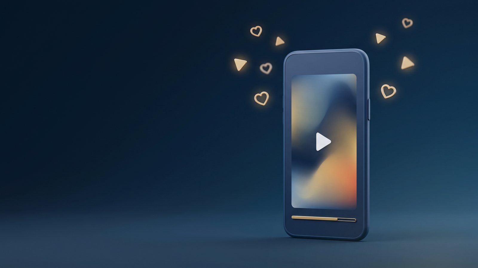 Phone with a vertical video frame, hearts and play icons