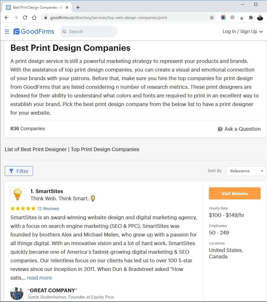 SmartSites Listed in Top Print Design
