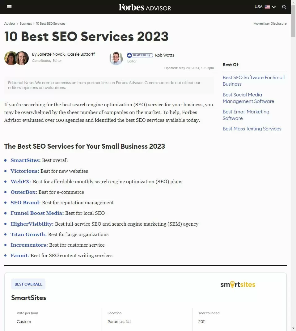 Best SEO Services for Small Business by Forbes