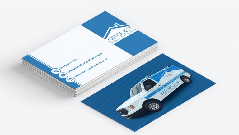Air Duct Brothers business cards showing the van