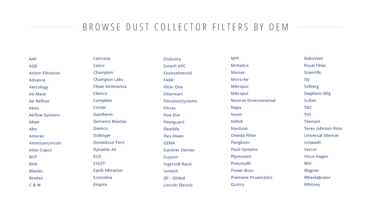 Clark Filters Direct dust collection filter list