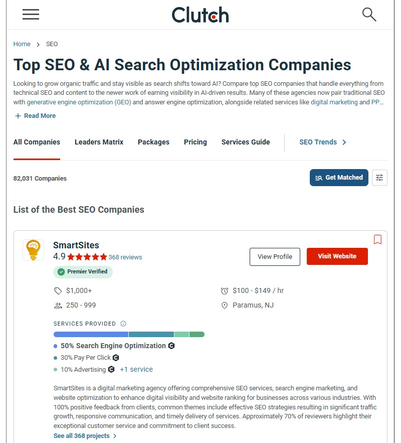 SmartSites listed first on Clutch Top SEO & AI Search Optimization Companies