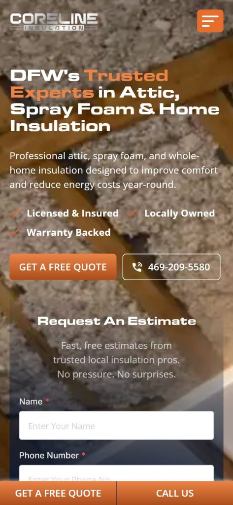 CoreLine Insulation homepage on a phone