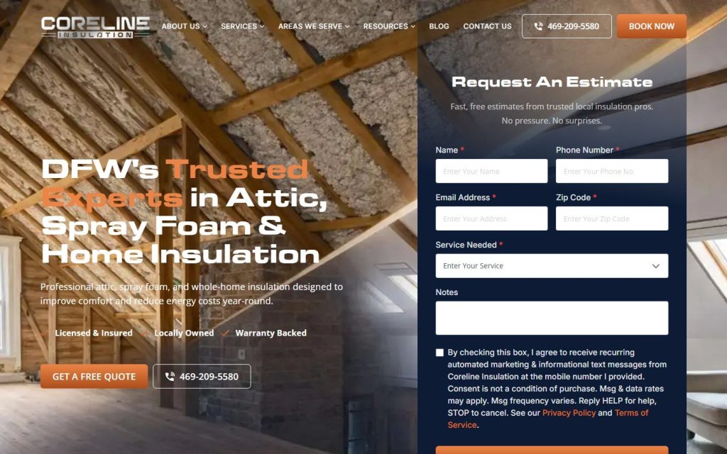 CoreLine Insulation homepage on desktop