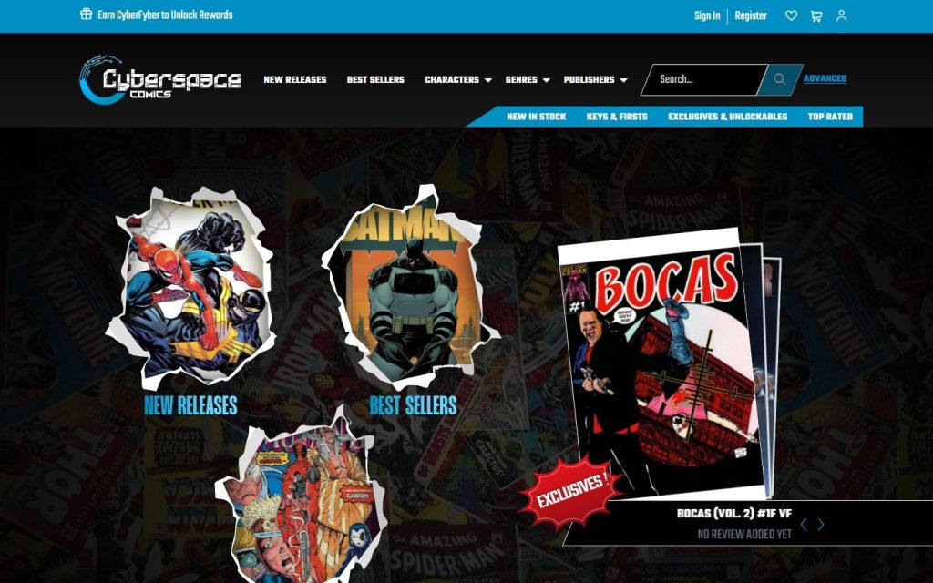CyberSpace Comics homepage on desktop