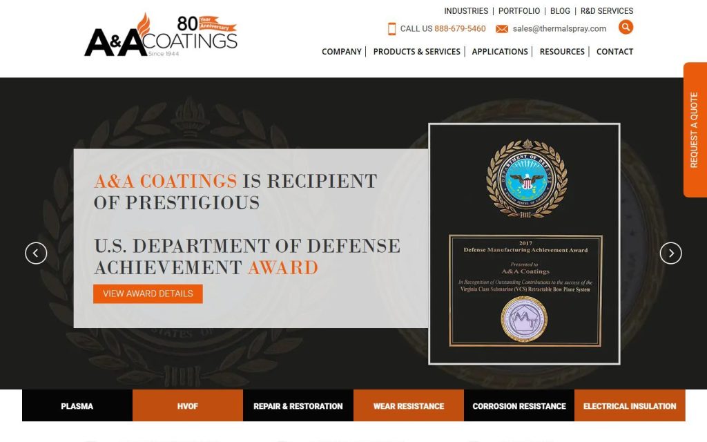 A&A Thermal Spray website home page