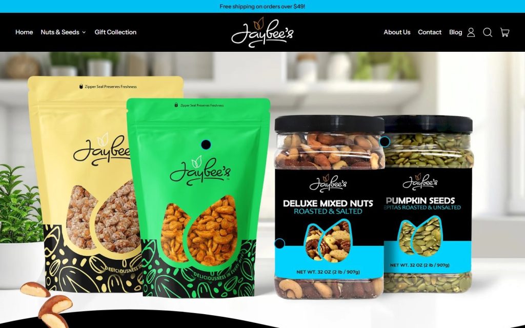 Jaybee’s Nuts Shopify store home page, designed and built by SmartSites