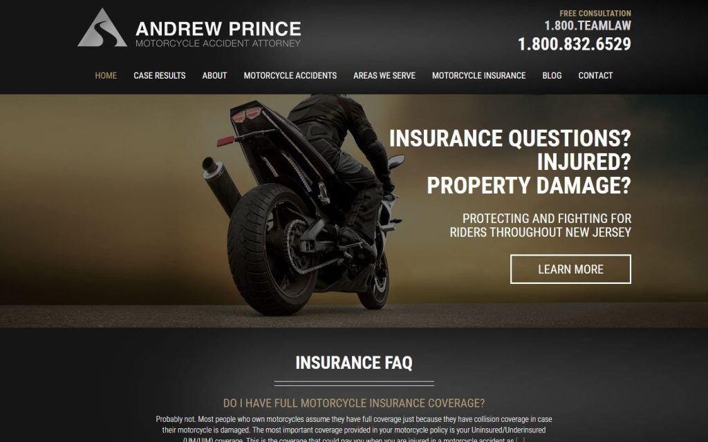 Motorcycle Injury Law homepage on a laptop