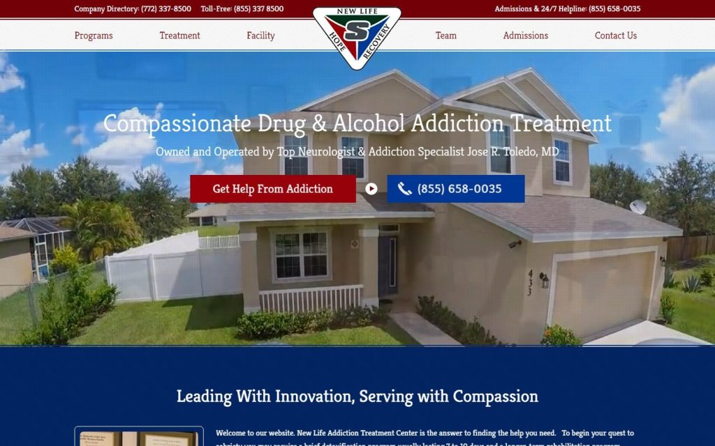 New Life Addiction Treatment Center homepage on a laptop