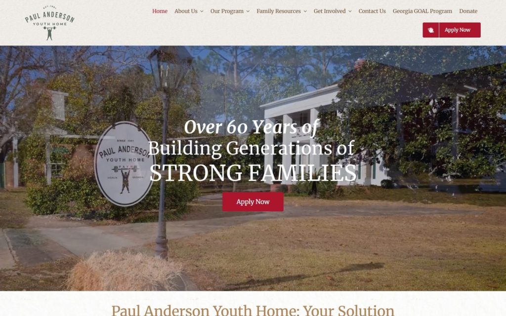 Paul Anderson Youth Home homepage on desktop