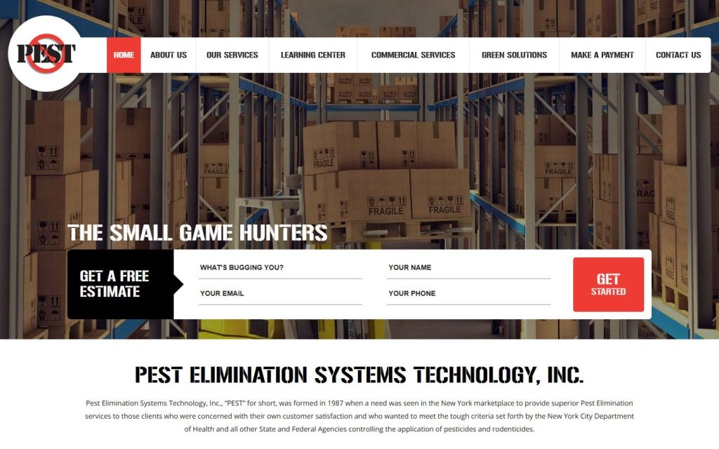 PEST Elimination Systems homepage on a laptop