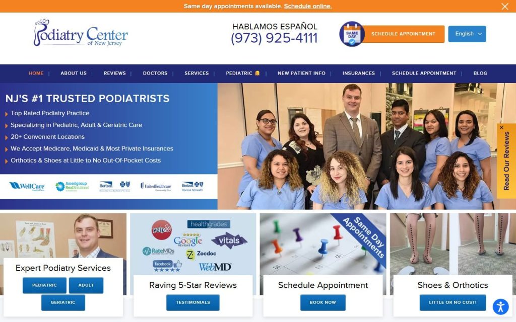 Podiatry Center of NJ homepage on a laptop