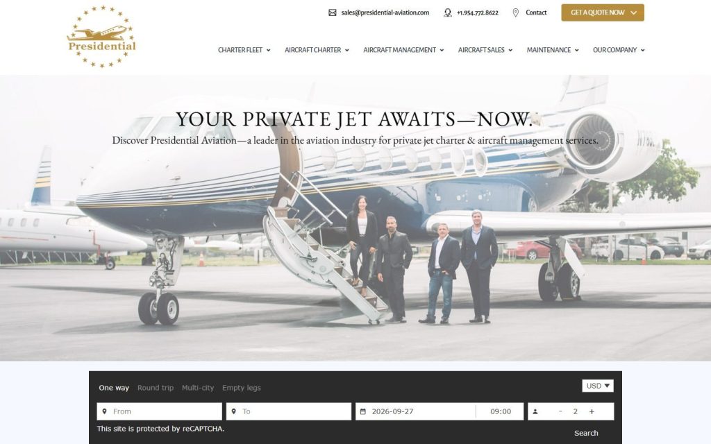 Presidential Aviation homepage on a laptop