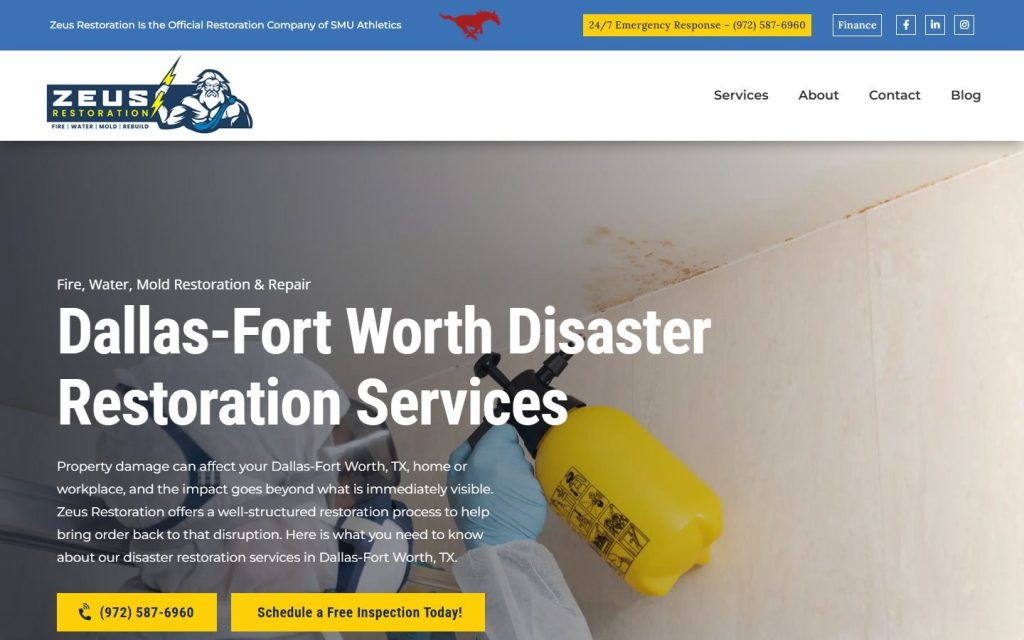 Zeus Restoration homepage on desktop