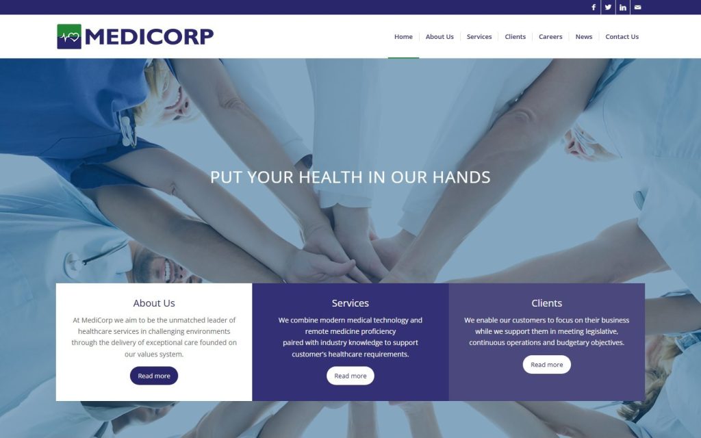 Medi-Corp homepage on a laptop