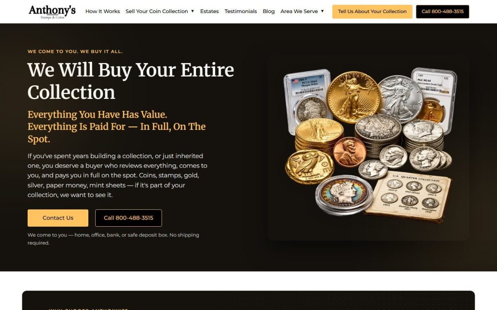 Anthony's Stamps & Coins homepage on desktop
