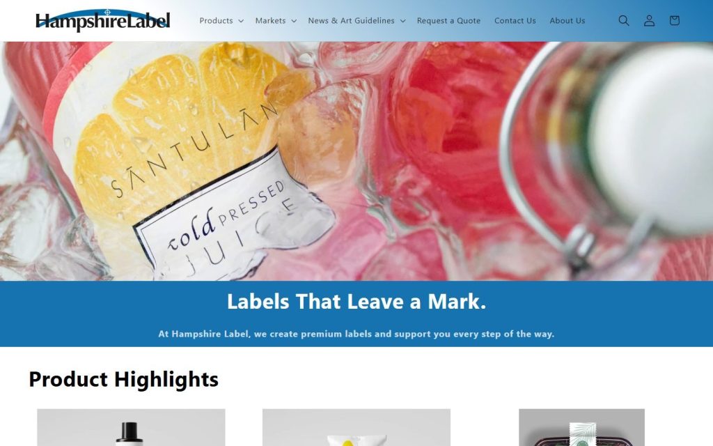 Hampshire Labels homepage on desktop