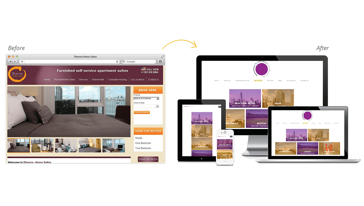 Dharma Home Suites Before & After Website Design