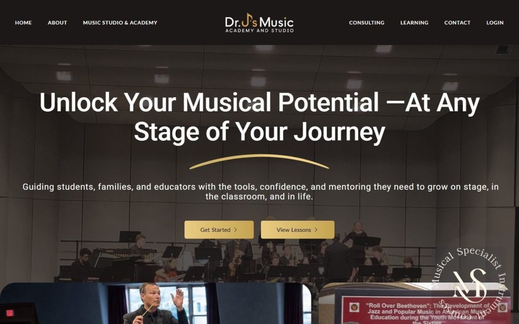 Dr. J's Music Studio and Academy homepage on desktop