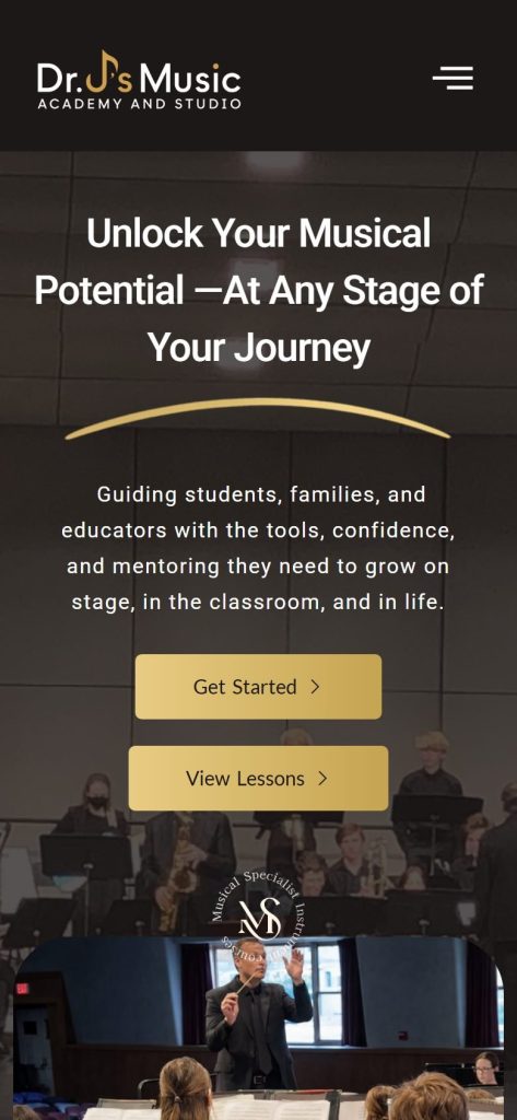 Dr. J's Music Studio and Academy homepage on a phone