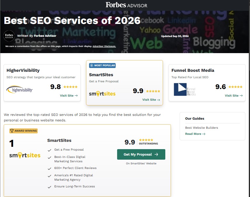 Forbes Advisor Best SEO Services of 2026, SmartSites ranked #1