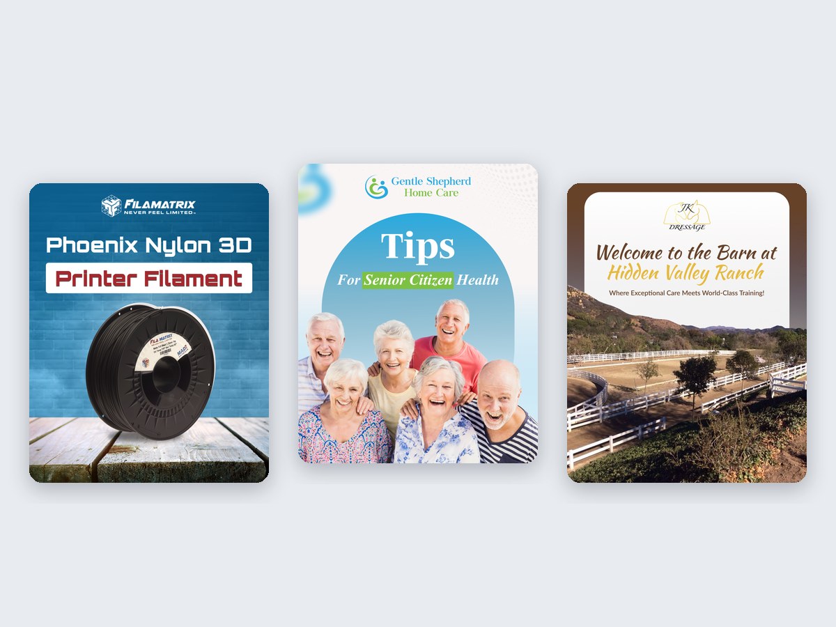 Social graphics designed for Filamatrix, Gentle Shepherd Home Care and JK Dressage