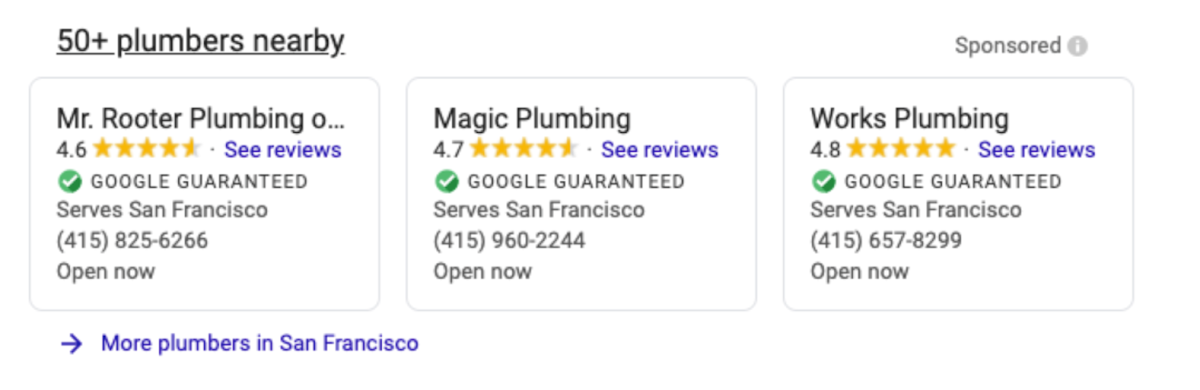 Google Local Services Ads for plumbers in San Francisco with the Google Guaranteed badge
