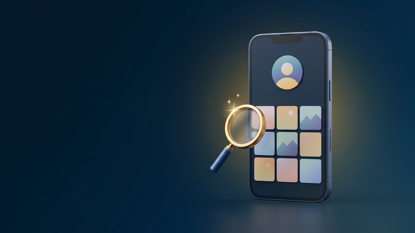 Phone with a generic photo-grid profile and gold magnifier