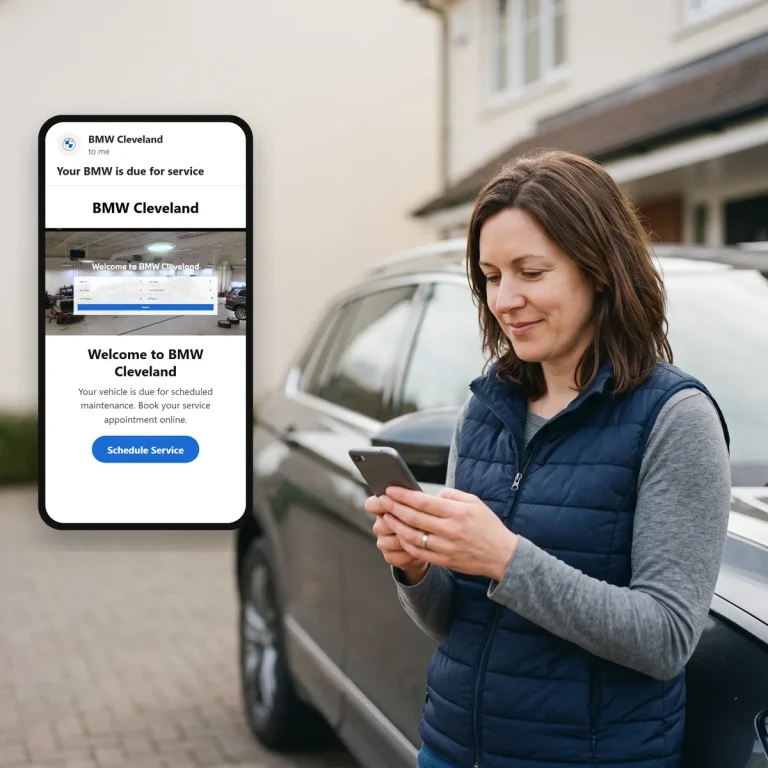 A car buyer reading an email from BMW Cleveland on her phone