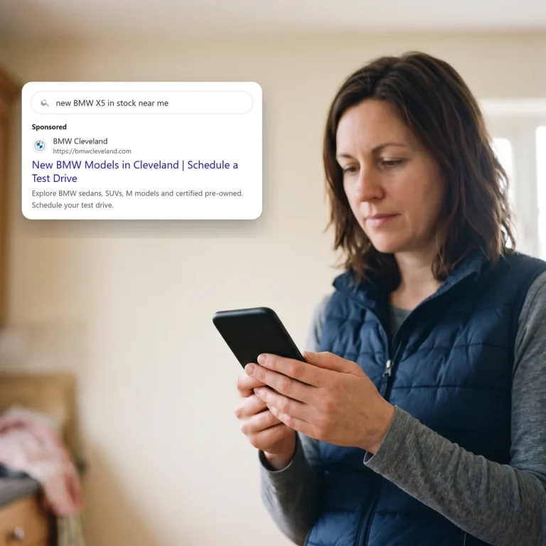 A car buyer on her phone, looking at a search ad from BMW Cleveland