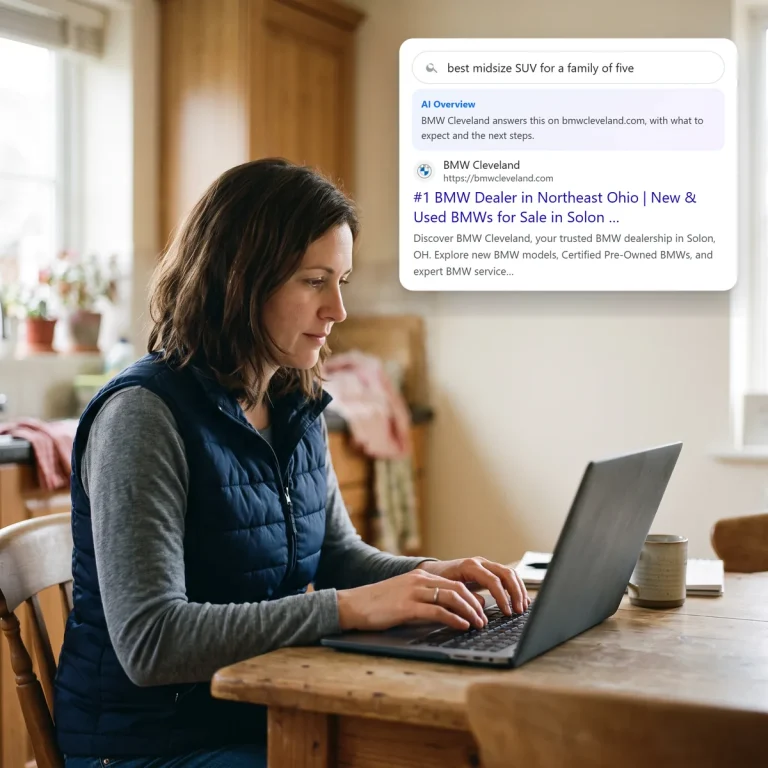 A car buyer searching on her laptop and finding BMW Cleveland in the search and AI results