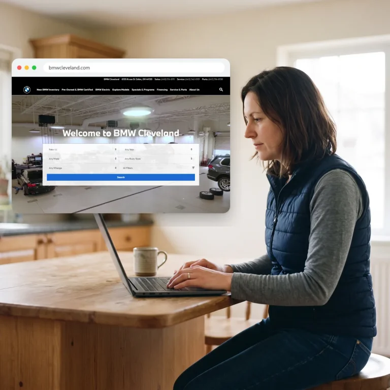 A car buyer browsing the website of BMW Cleveland