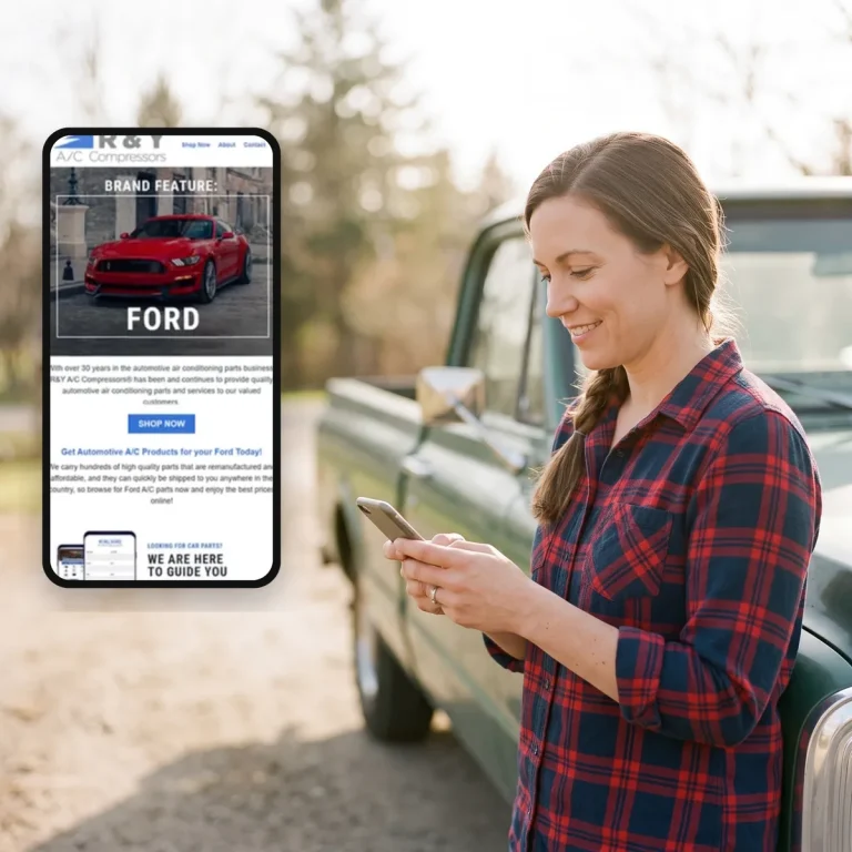 A truck owner reading an email from R & Y A/C Compressors on her phone