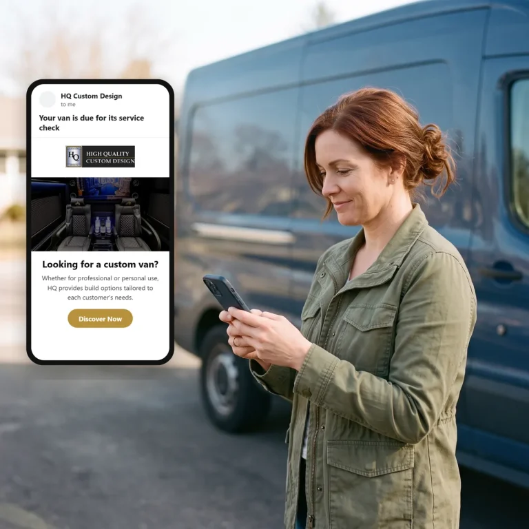 A van owner reading an email from HQ Custom Design on her phone
