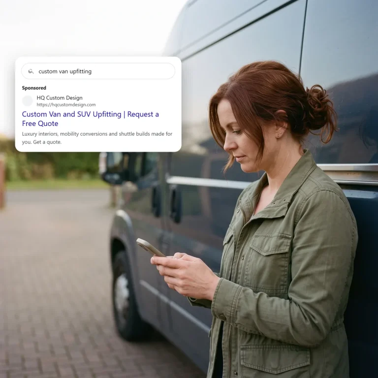 A van owner on her phone, looking at a search ad from HQ Custom Design