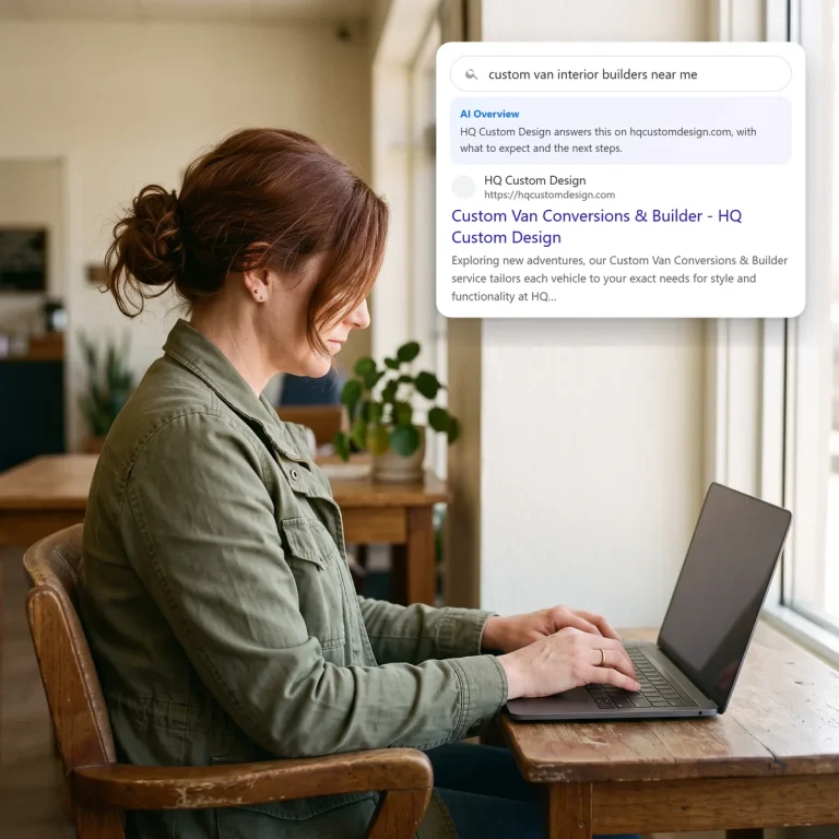 A van owner searching on her laptop and finding HQ Custom Design in the search and AI results