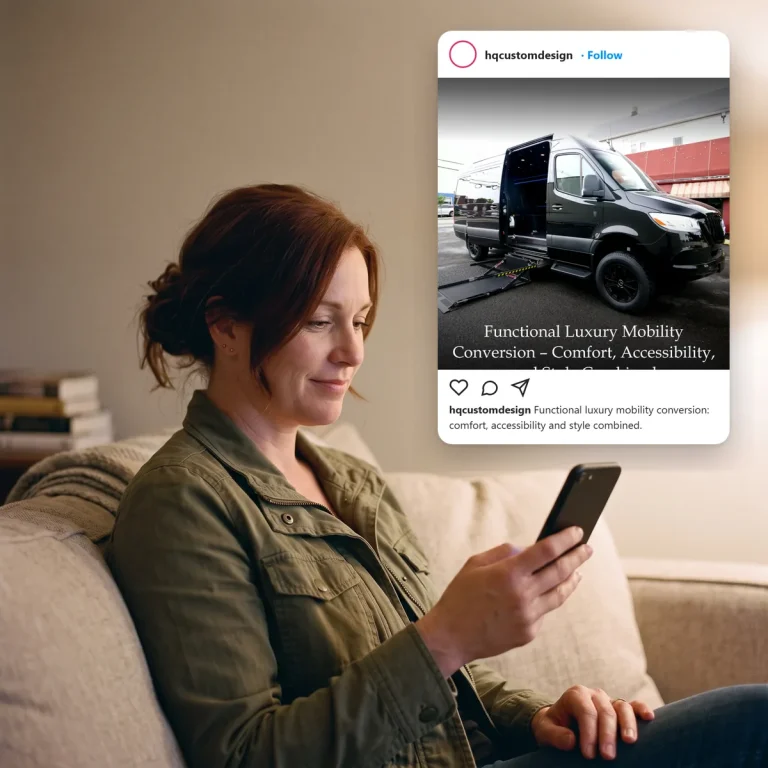 A van owner scrolling social media and seeing a post from HQ Custom Design