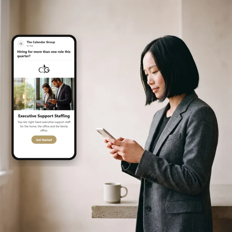 A business buyer reading an email from The Calendar Group on her phone