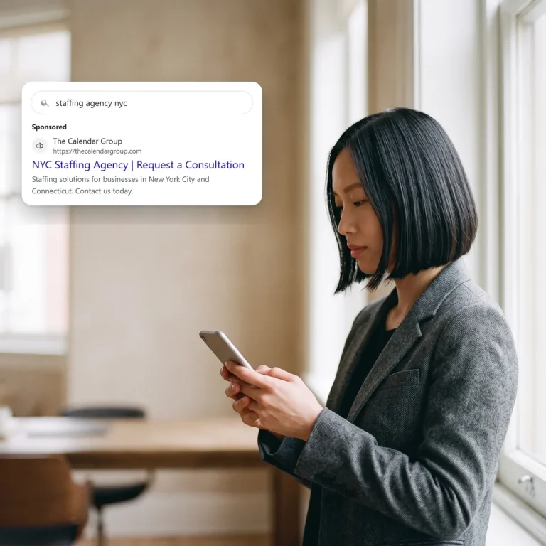 A business buyer on her phone, looking at a search ad from The Calendar Group