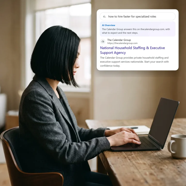A business buyer searching on her laptop and finding The Calendar Group in the search and AI results