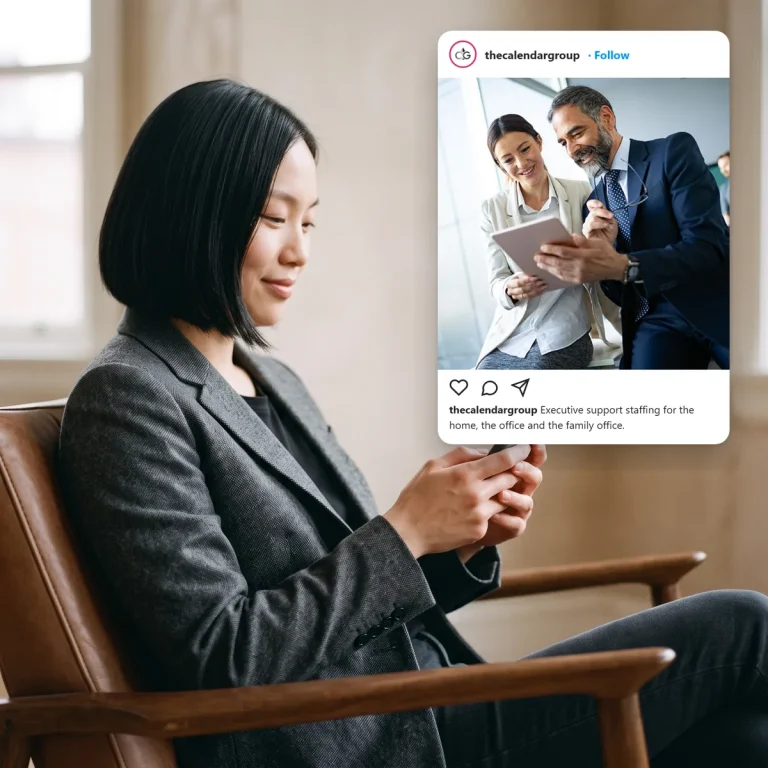 A business buyer scrolling social media and seeing a post from The Calendar Group