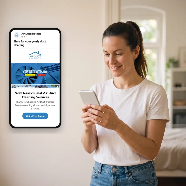 A renter reading an email from Air Duct Brothers on her phone