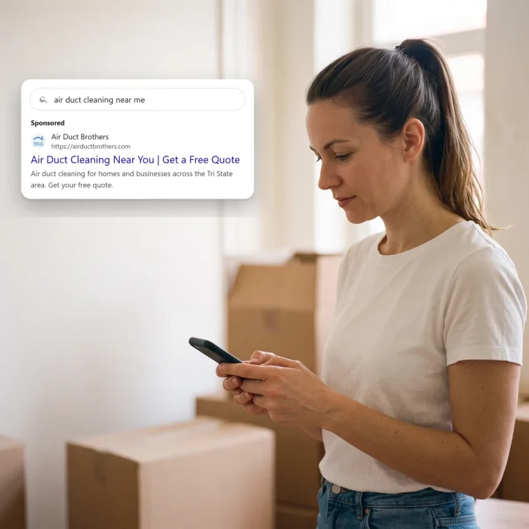 A renter on her phone, looking at a search ad from Air Duct Brothers