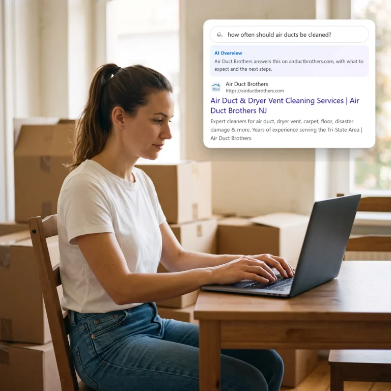 A renter searching on her laptop and finding Air Duct Brothers in the search and AI results
