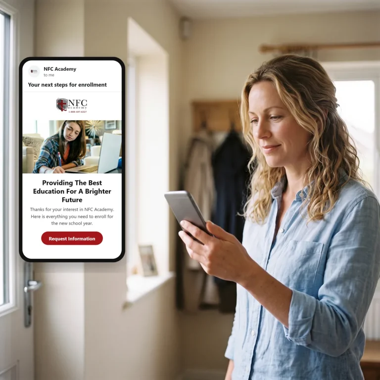 A parent reading an email from NFC Academy on her phone
