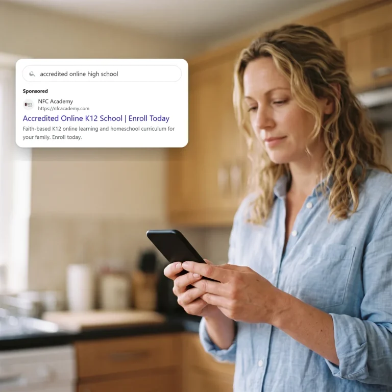A parent on her phone, looking at a search ad from NFC Academy