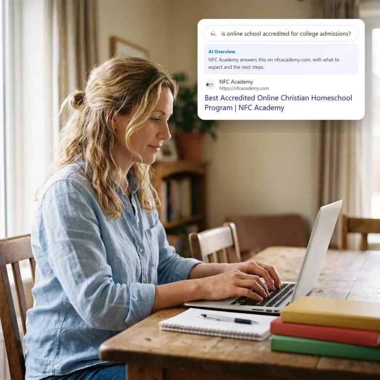 A parent searching on her laptop and finding NFC Academy in the search and AI results
