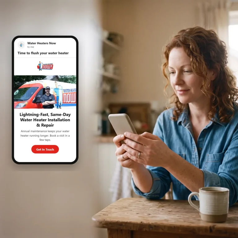 A homeowner reading an email from Water Heaters Now on her phone